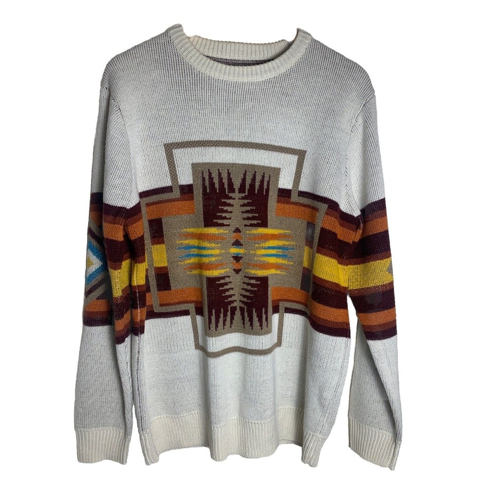 Men's Crewneck Sweater with Southwestern Pattern - Cream/Brown
